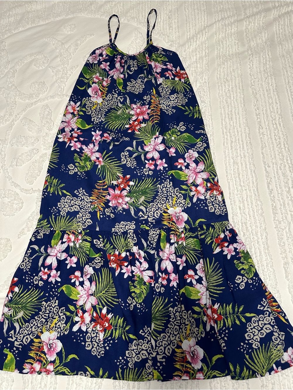 Raviya Blue Floral Print Rayon Dress with Pink and Green Accents